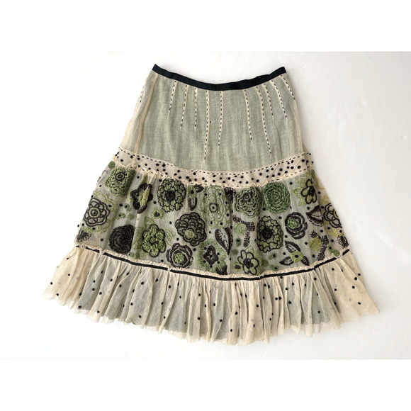 Easton Pearson Peasant Skirt S Cream Tulle Overlay Green Cotton Slip Embroidered - Picture 9 of 16